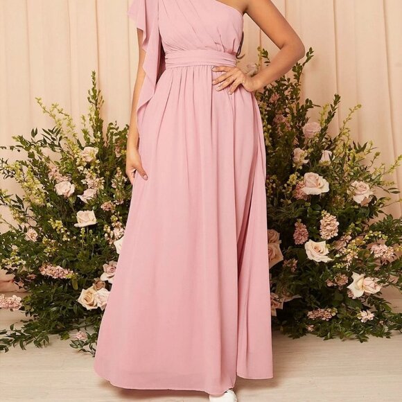 One Shoulder Ruched Chiffon Maxi Dress Pink Bridesmaid formal prom - Picture 4 of 5